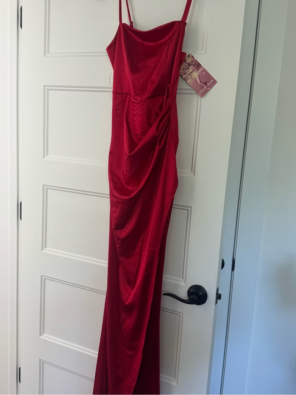 Emerald Sundae Crimson Satin Draped Maxi Dress